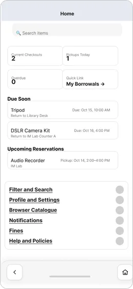 CAMP mobile interface concept showing equipment reservations, due items, and campus resources