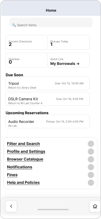 Mobile home screen concept for CAMP showing asset search, current checkouts, upcoming reservations, and borrowing links.